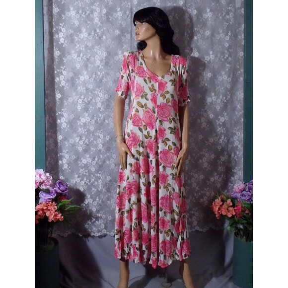 Vintage 90s Floral Rayon Dress 1990s Pink & White Spring Cottage Size Medium - Picture 2 of 6